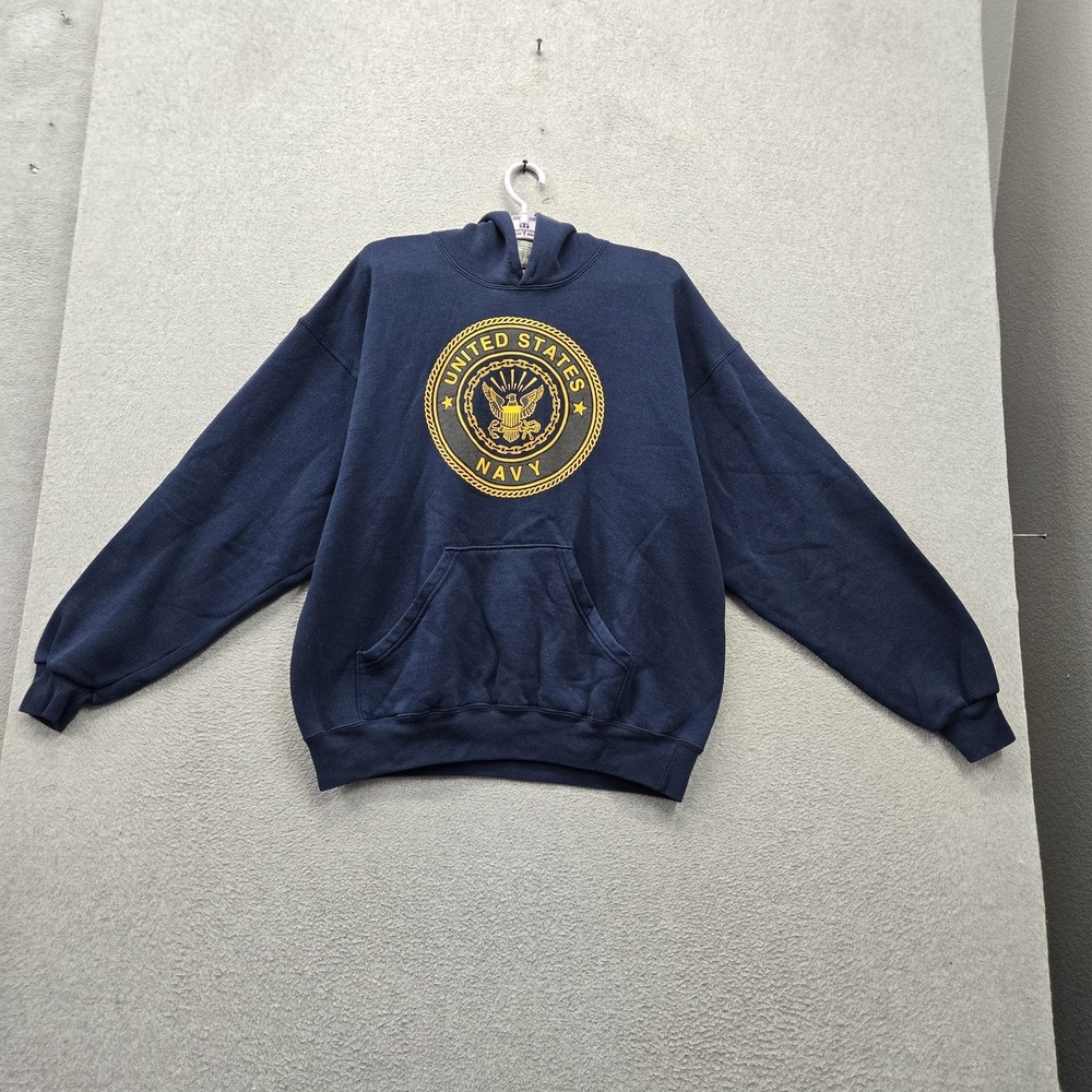 VINTAGE US Navy Men Hoodie L Navy Logo Graphic Print Fleece Made in USA Pullover